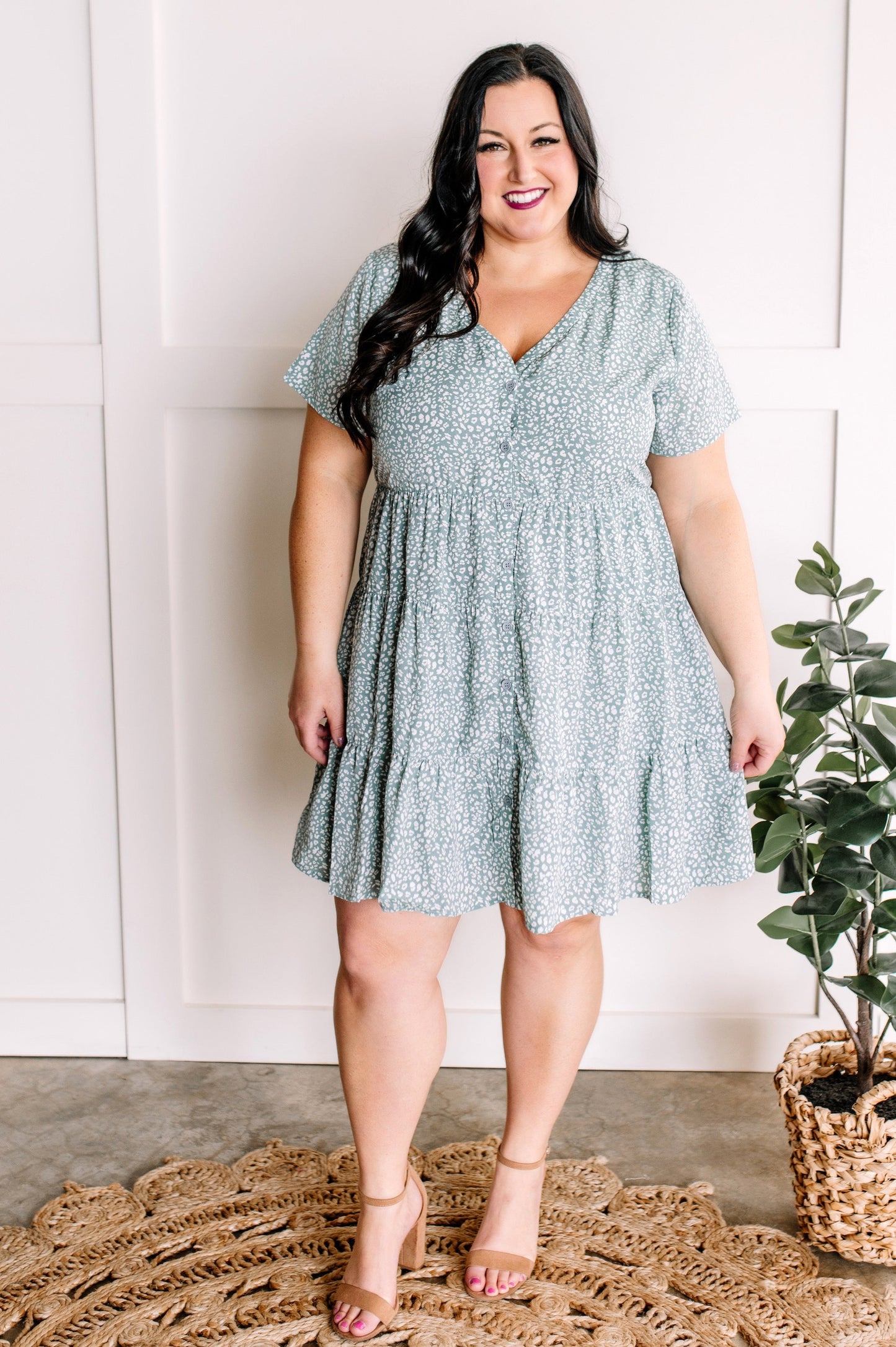 Button Front Dress In Light Aqua Animal Print