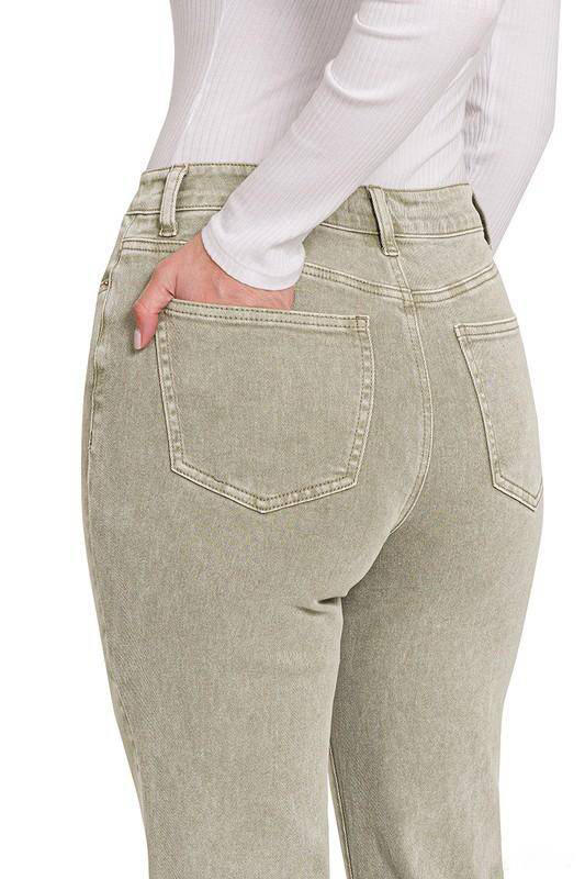 Zenana Acid Wash High Waist Frayed Hem Cropped Jeans - Multiple Colors