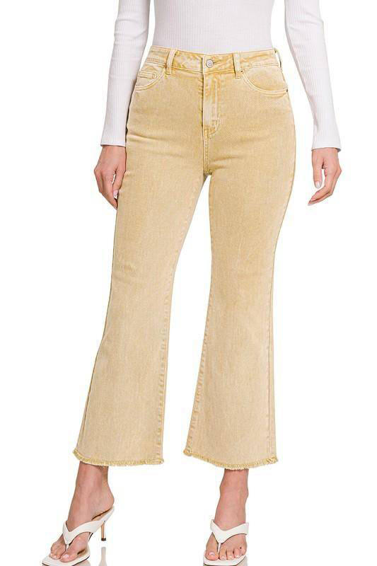 Zenana Acid Wash High Waist Frayed Hem Cropped Jeans - Multiple Colors