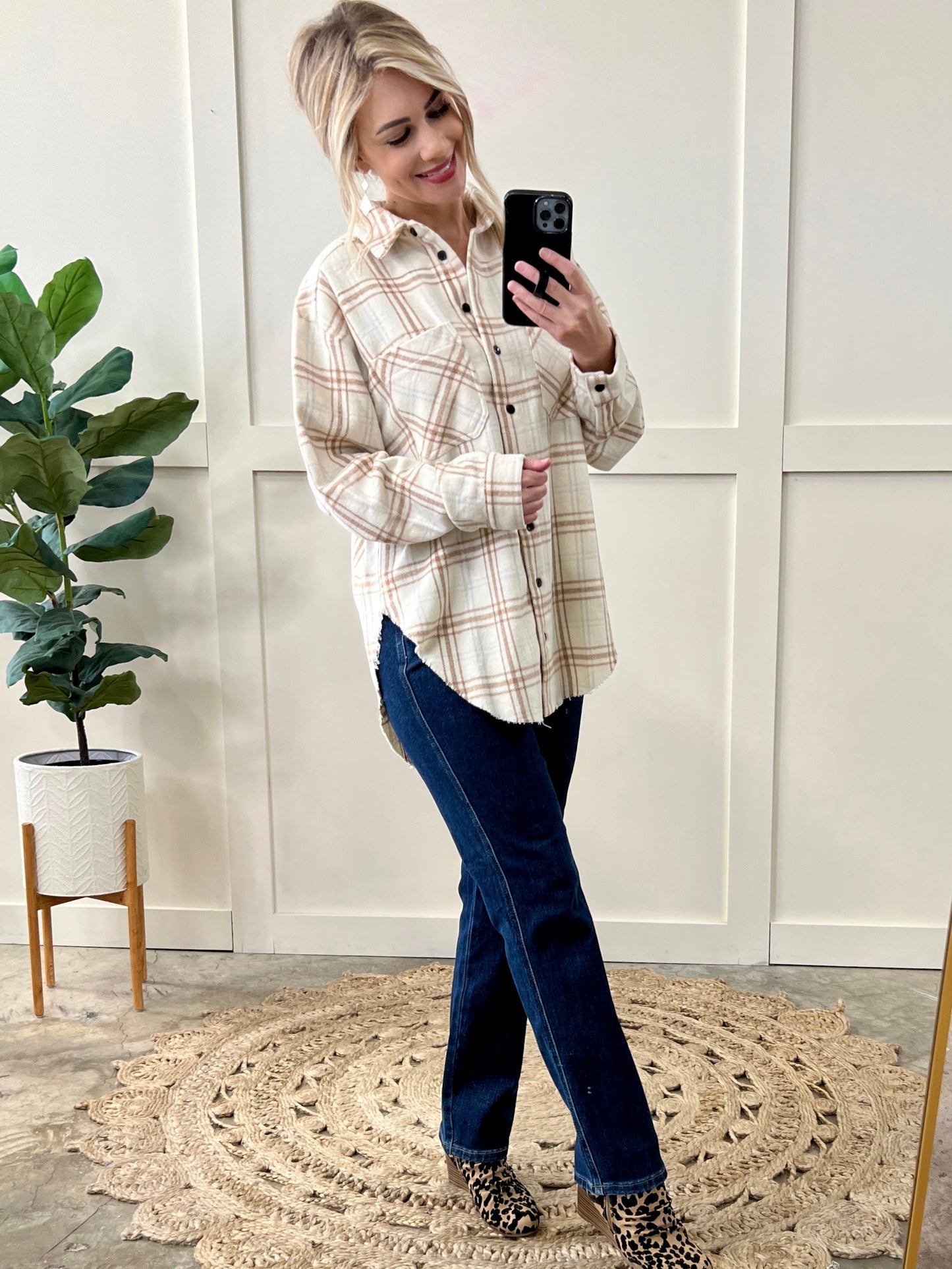 Soft Plaid Button Down Top In Fresh Neutrals