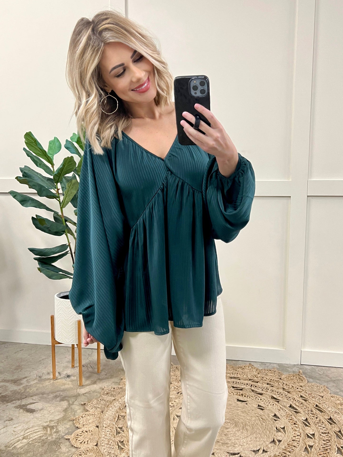 Elegant Shadowed Blouse With Tie Back Detail In Midnight Emerald 11.20