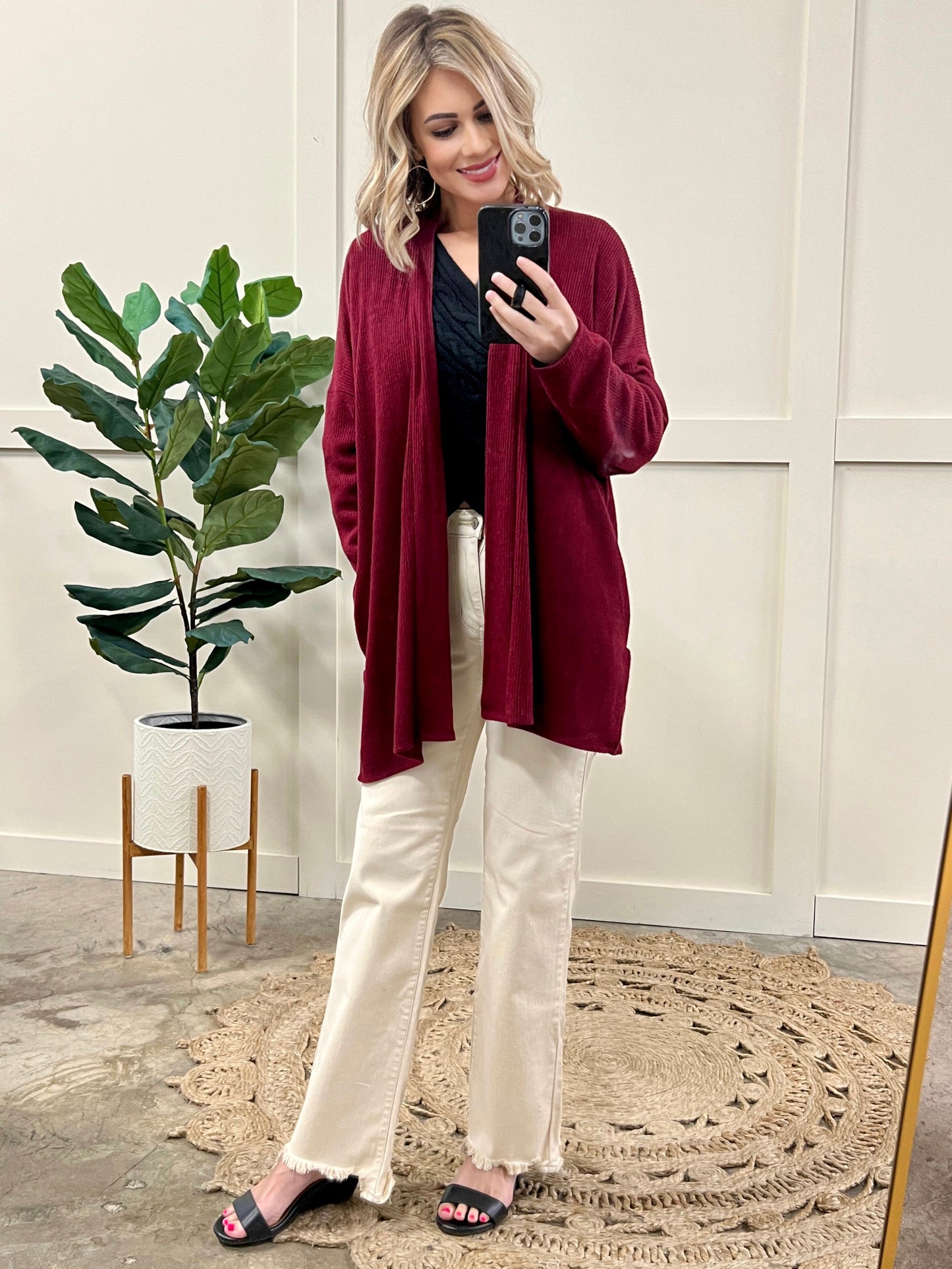 Cashmere Soft Open Front Cardigan With Pockets In Rich Heathered Burgundy 11.24