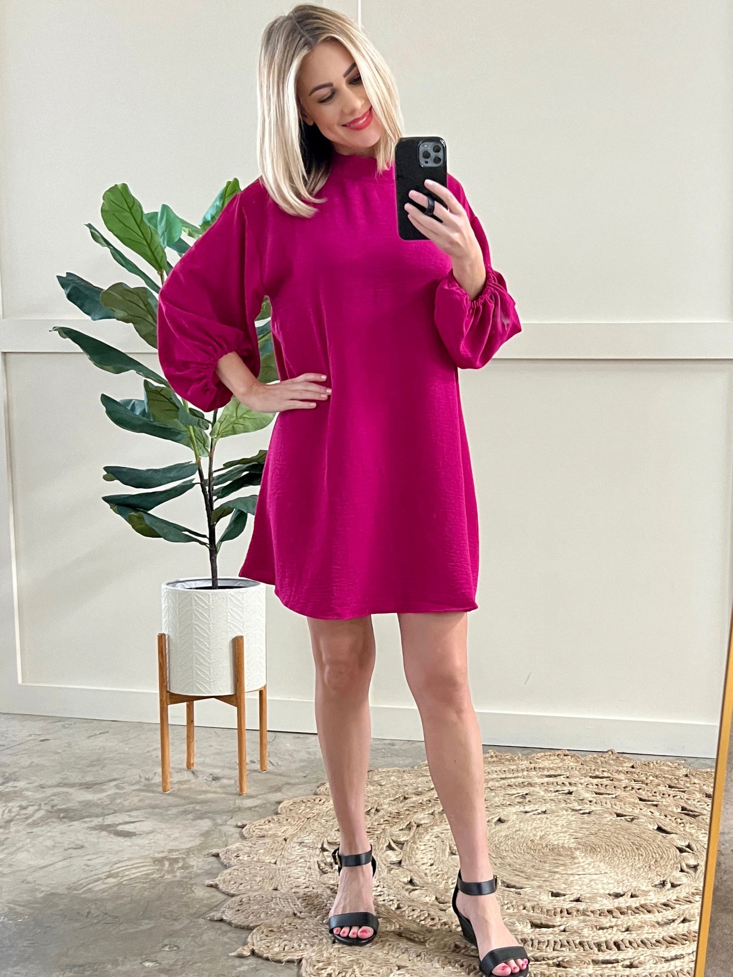 Mock Neck Long Sleeve Dress In Deep Magenta