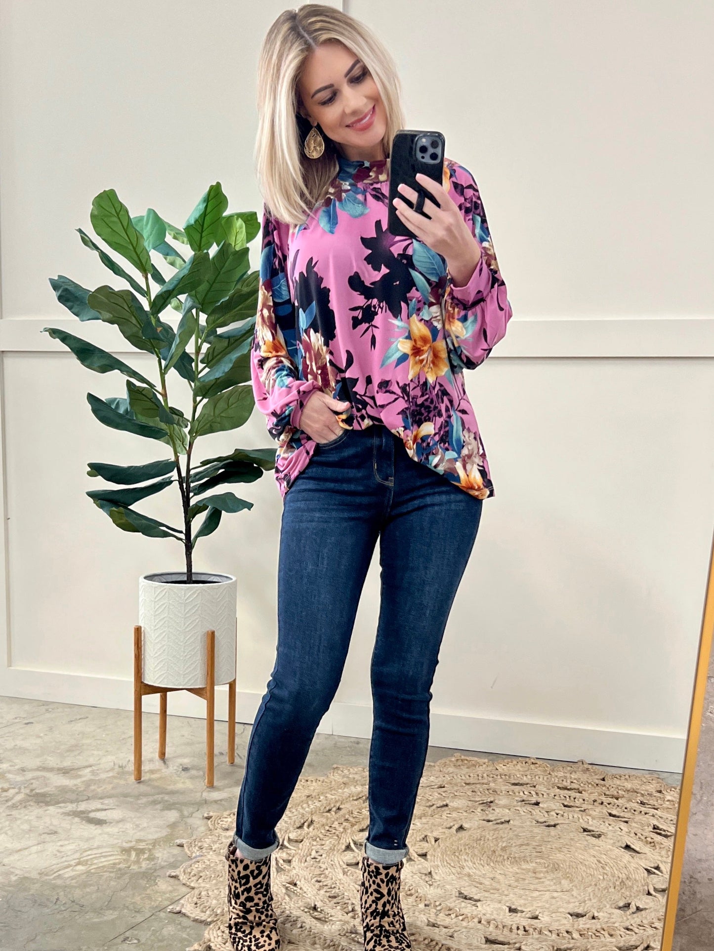 Mock Neck Long Sleeve Floral Top In French Violet 11.20