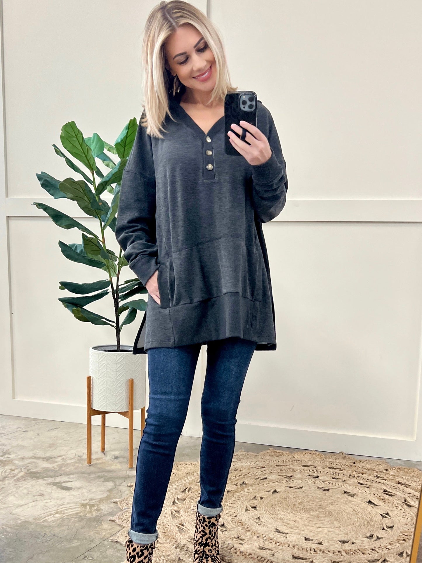 Cozy Oversized Button Front Hooded Pullover In Deep Grey 11.22
