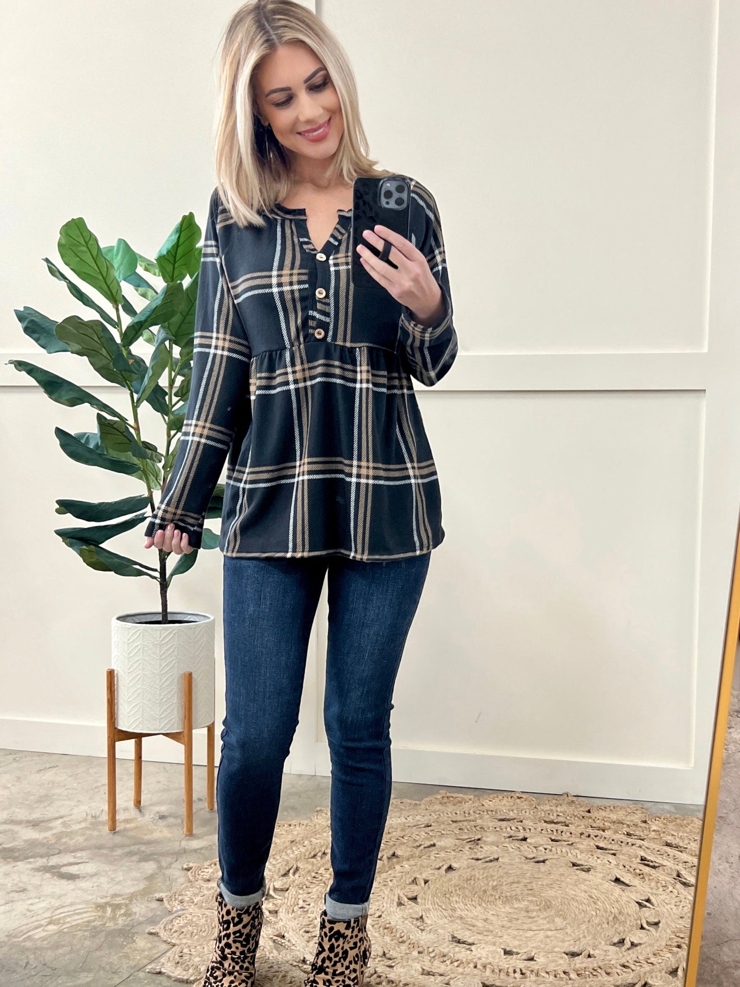 Ultra Soft Button Front Babydoll Top In Black Plaid 11.22