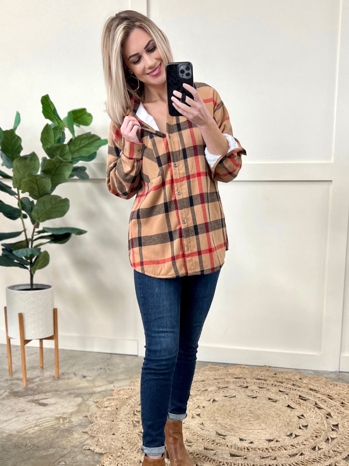 Minky Soft Plaid Shacket In Tan Tartan Check