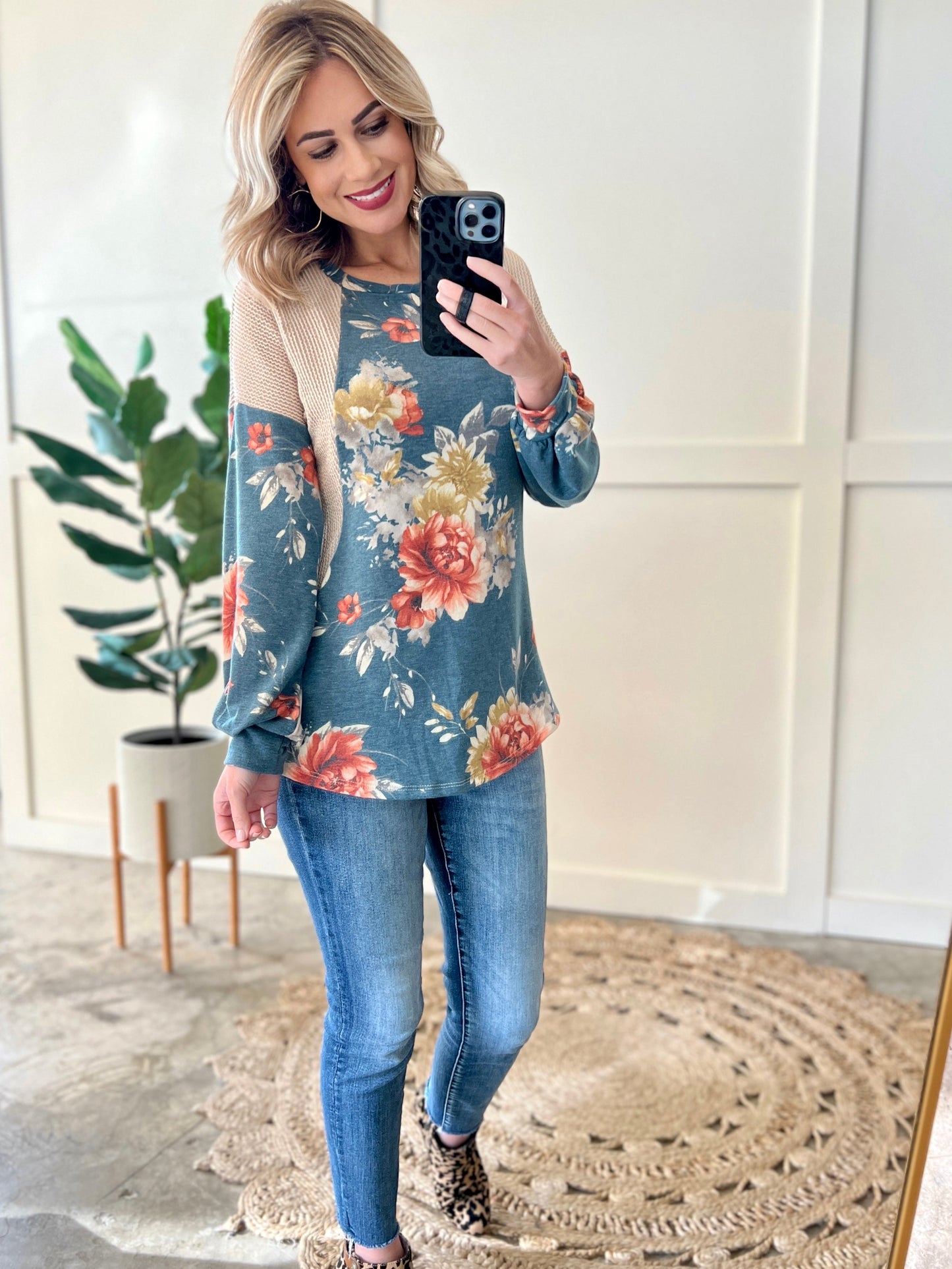 Long Sleeve Color Block Top In Cream With Blue Florals 11.21