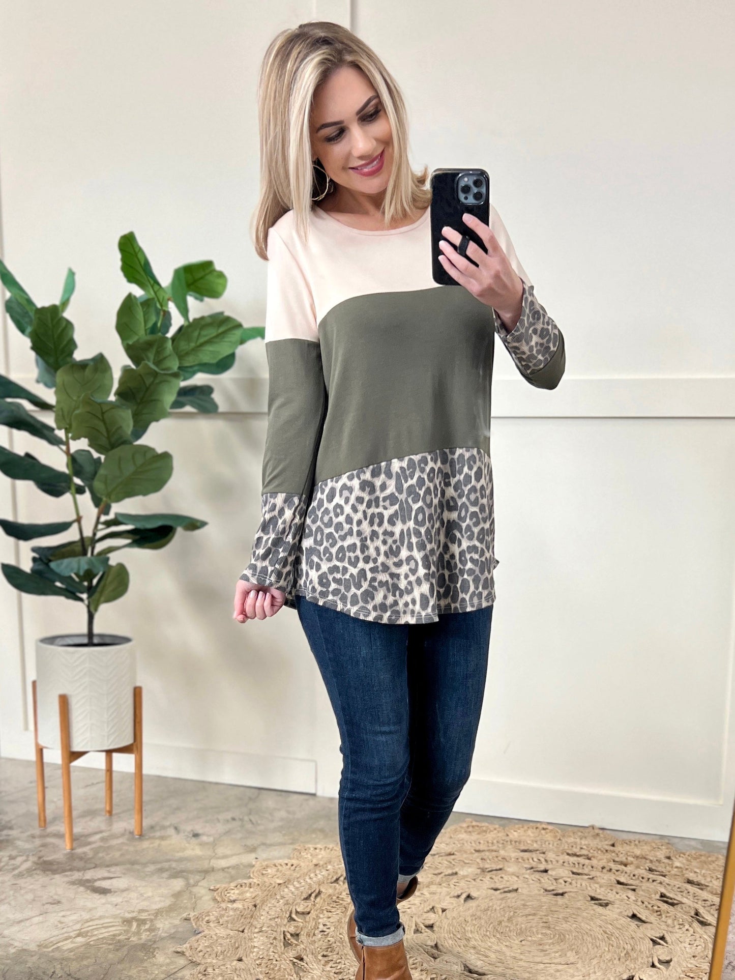 Color Block Tunic With Button Detailed Back In Olive & Animal Print