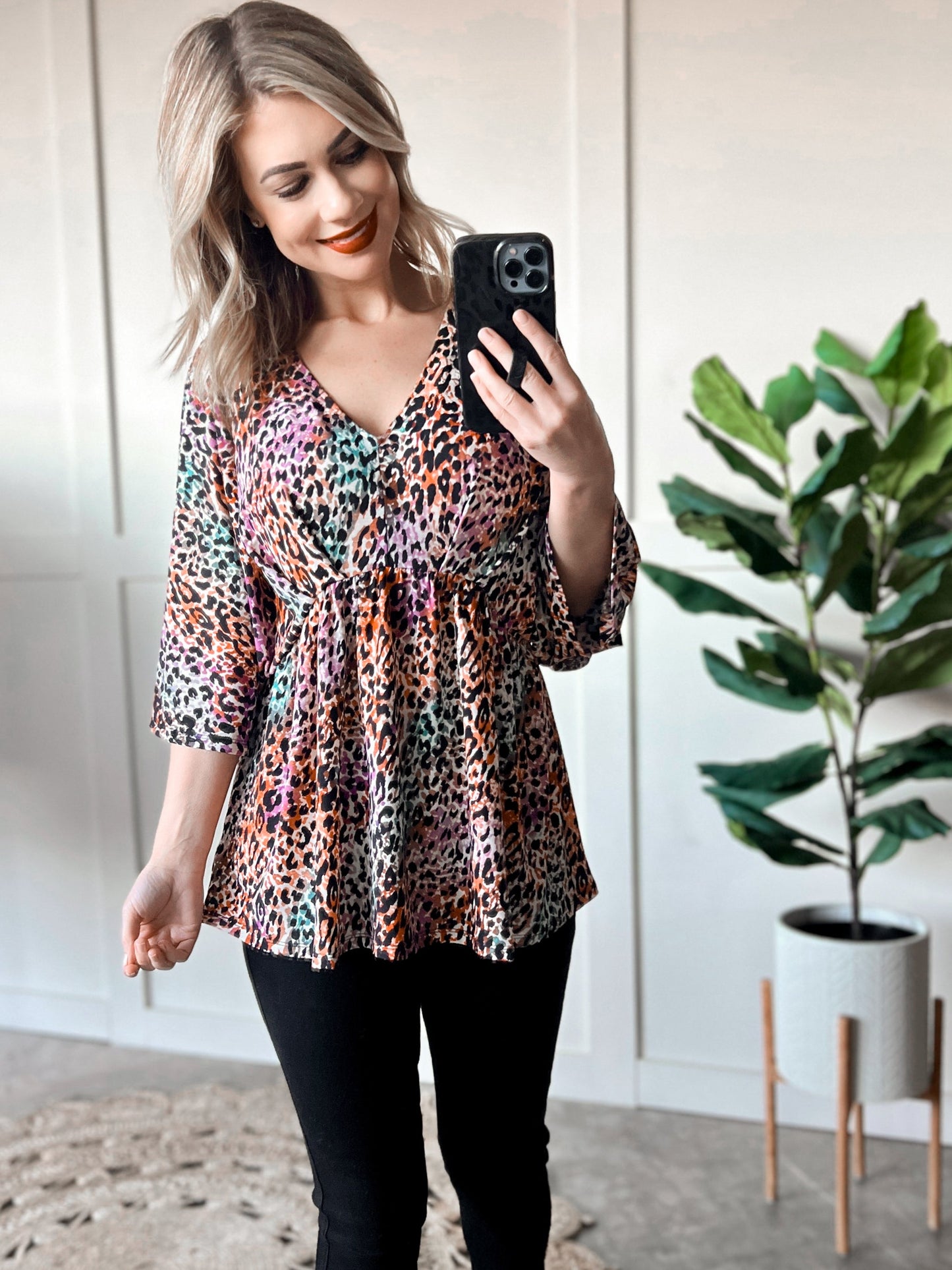 Dolman Sleeve Babydoll Top In Leopard Multi