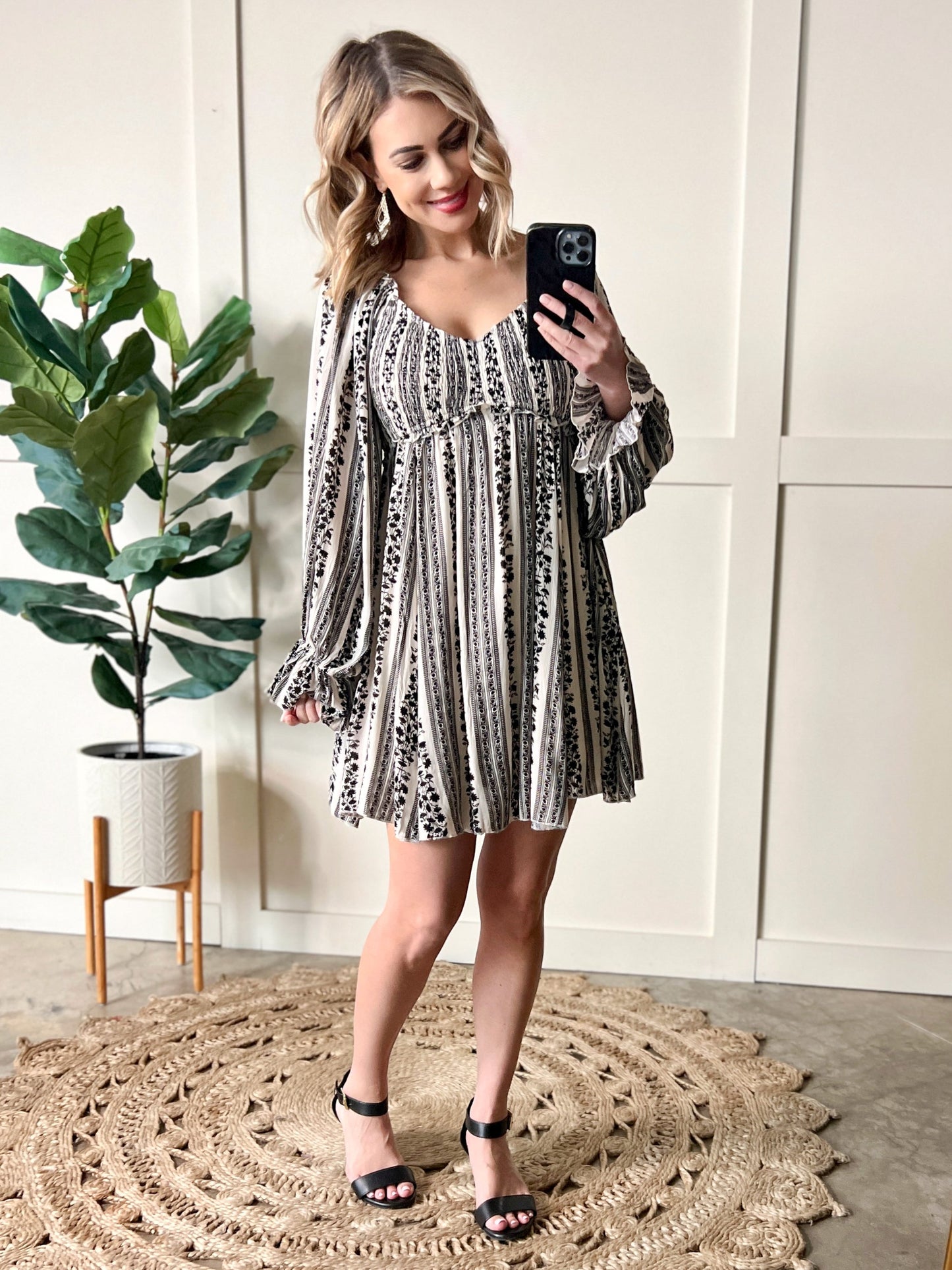 Long Sleeve Smocked Dress In Black & Cream Vintage Florals