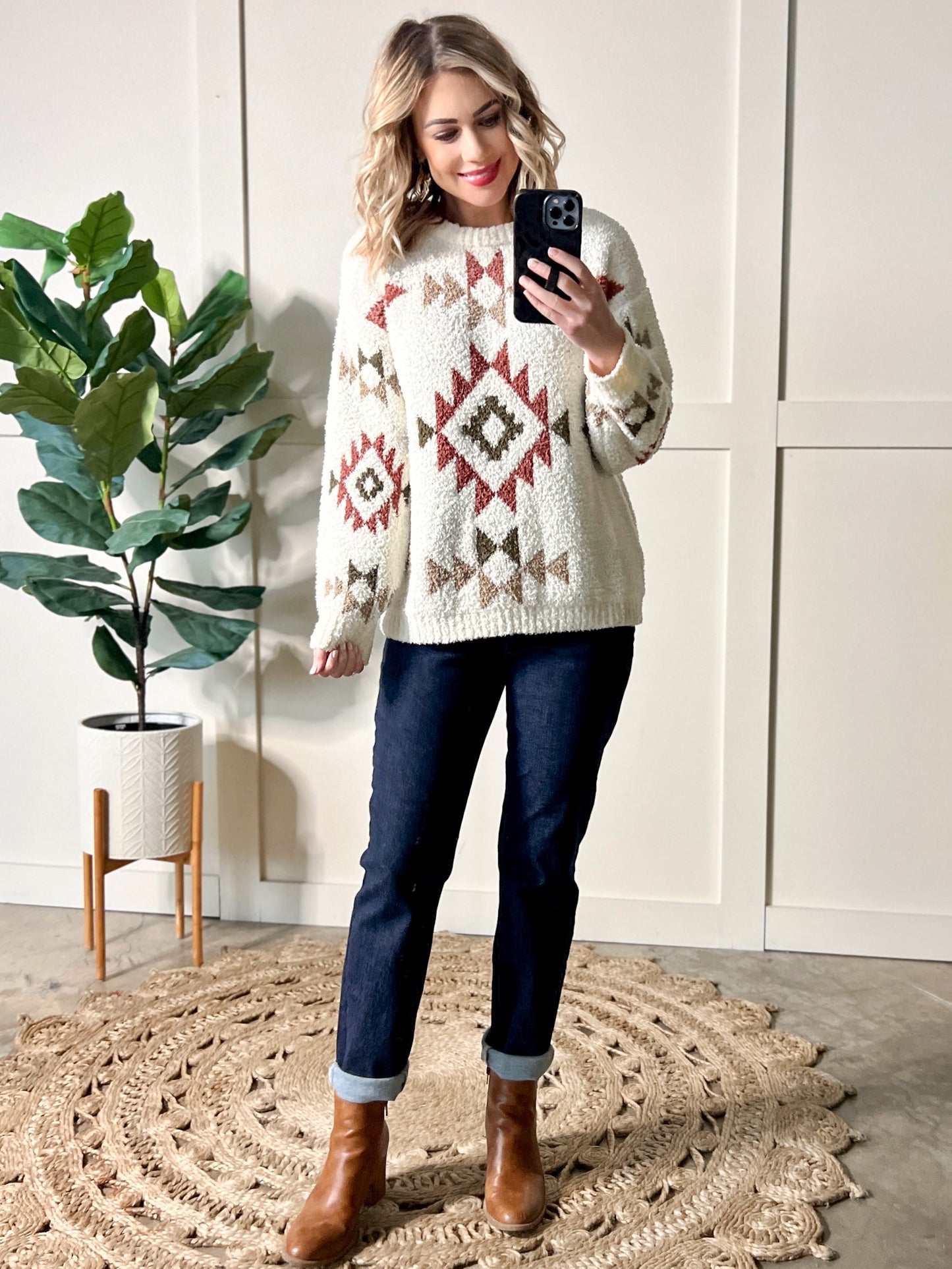 Popcorn Aztec Sweater In Cream, Olive & Rust