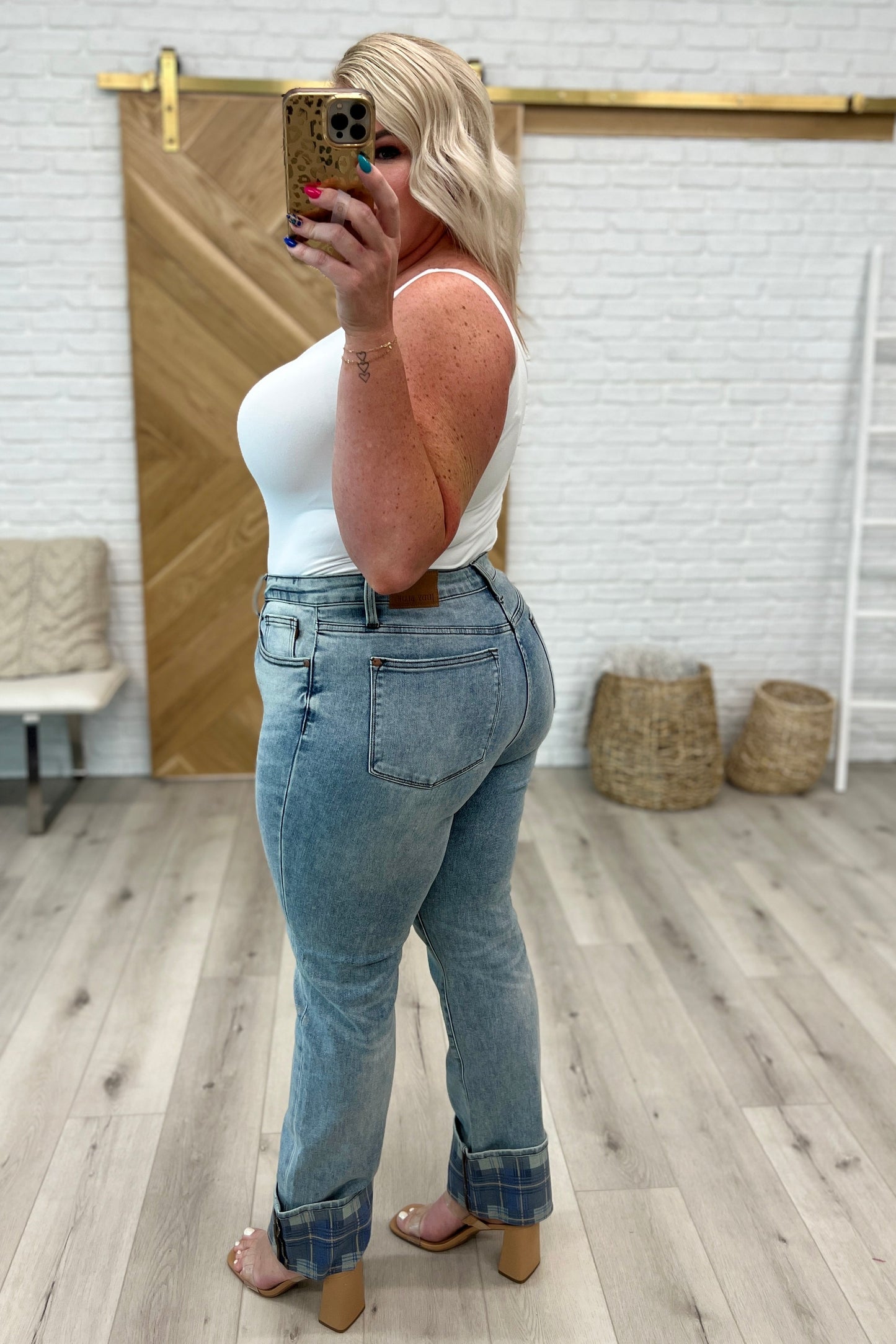 Judy Blue High Rise Plaid Cuff Vintage Straight Jeans