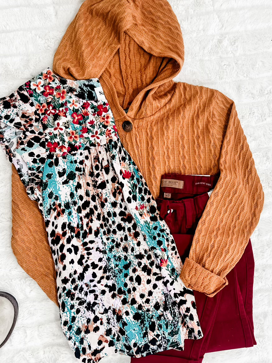 Embroidered Floral and Animal Print Blouse In Teal Multi 11.21