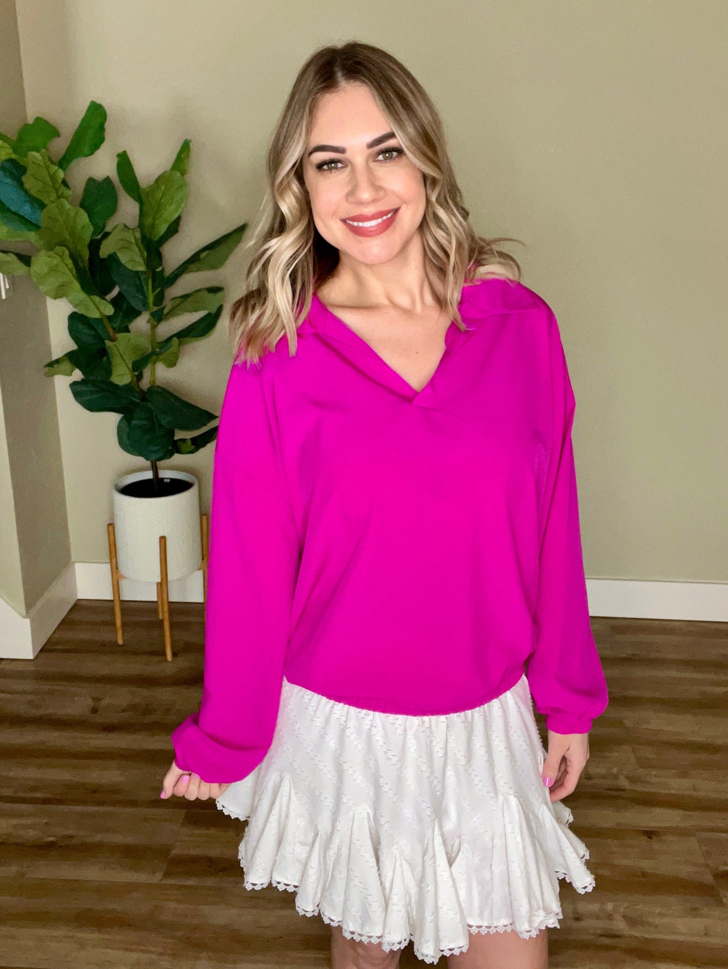 Collared Sporty Athletic Top In Bright Fuchsia