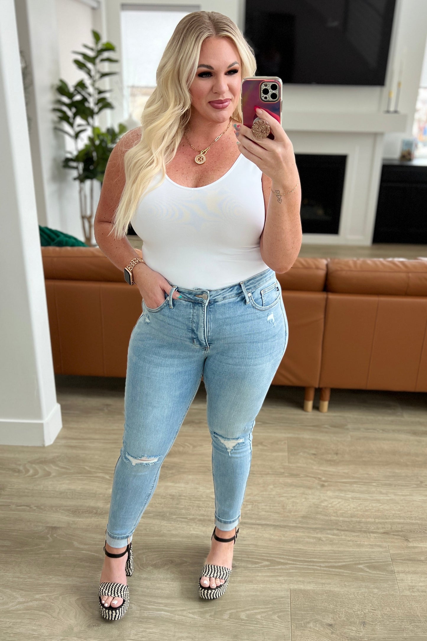 Judy Blue Mid Rise Tummy Control Distressed Skinny Jeans