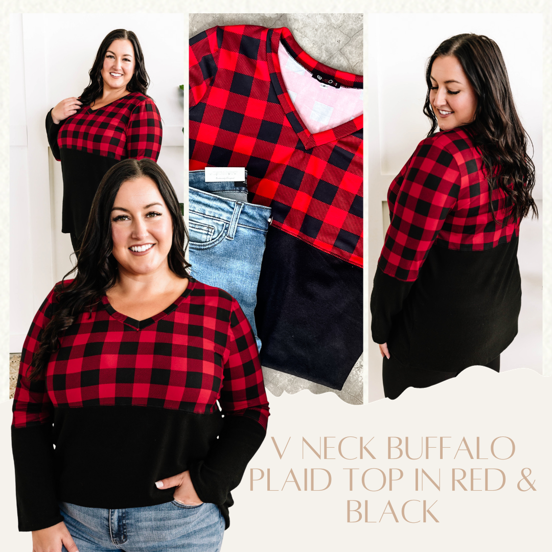 V Neck Buffalo Plaid Top In Red & Black