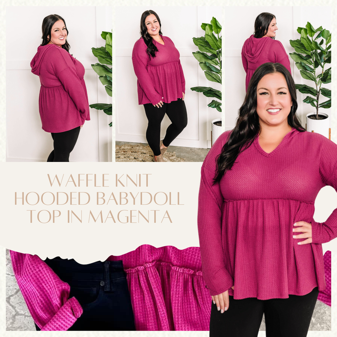Waffle Knit Hooded Babydoll Top In Magenta