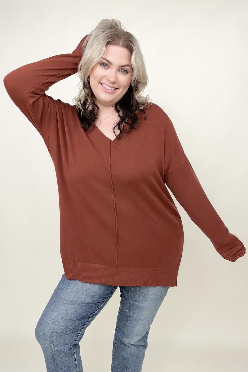 Hi-Low Hem V Neck Knit Top - 2 Colors
