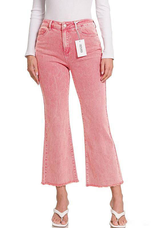 Zenana Acid Wash High Waist Frayed Hem Cropped Jeans - Multiple Colors