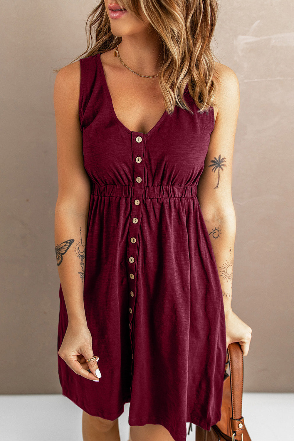 Button Down Sleeveless Dress - (Charcoal, Plum, Navy, Merlot)