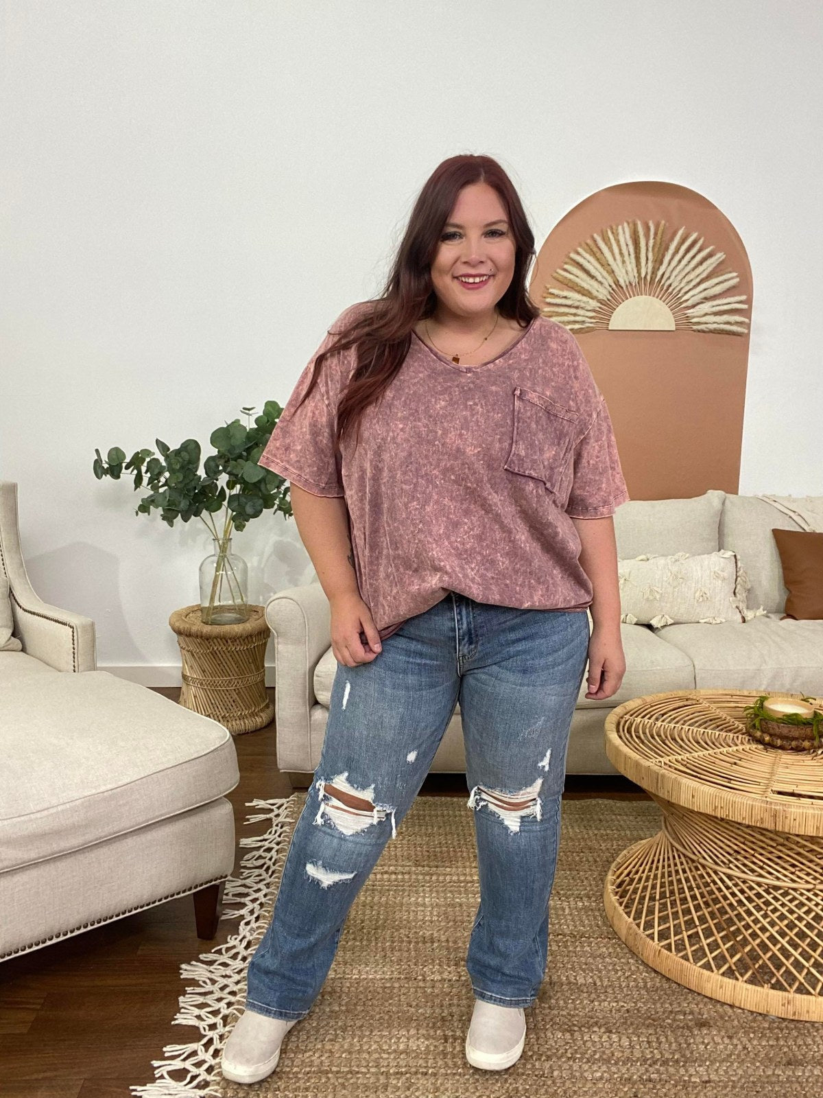 Zenana Acid Wash Oversized Front Pocket Raw Edge Boyfriend Tee