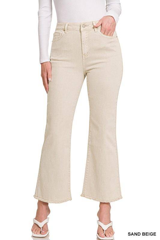 Zenana Acid Wash High Waist Frayed Hem Cropped Jeans - Multiple Colors