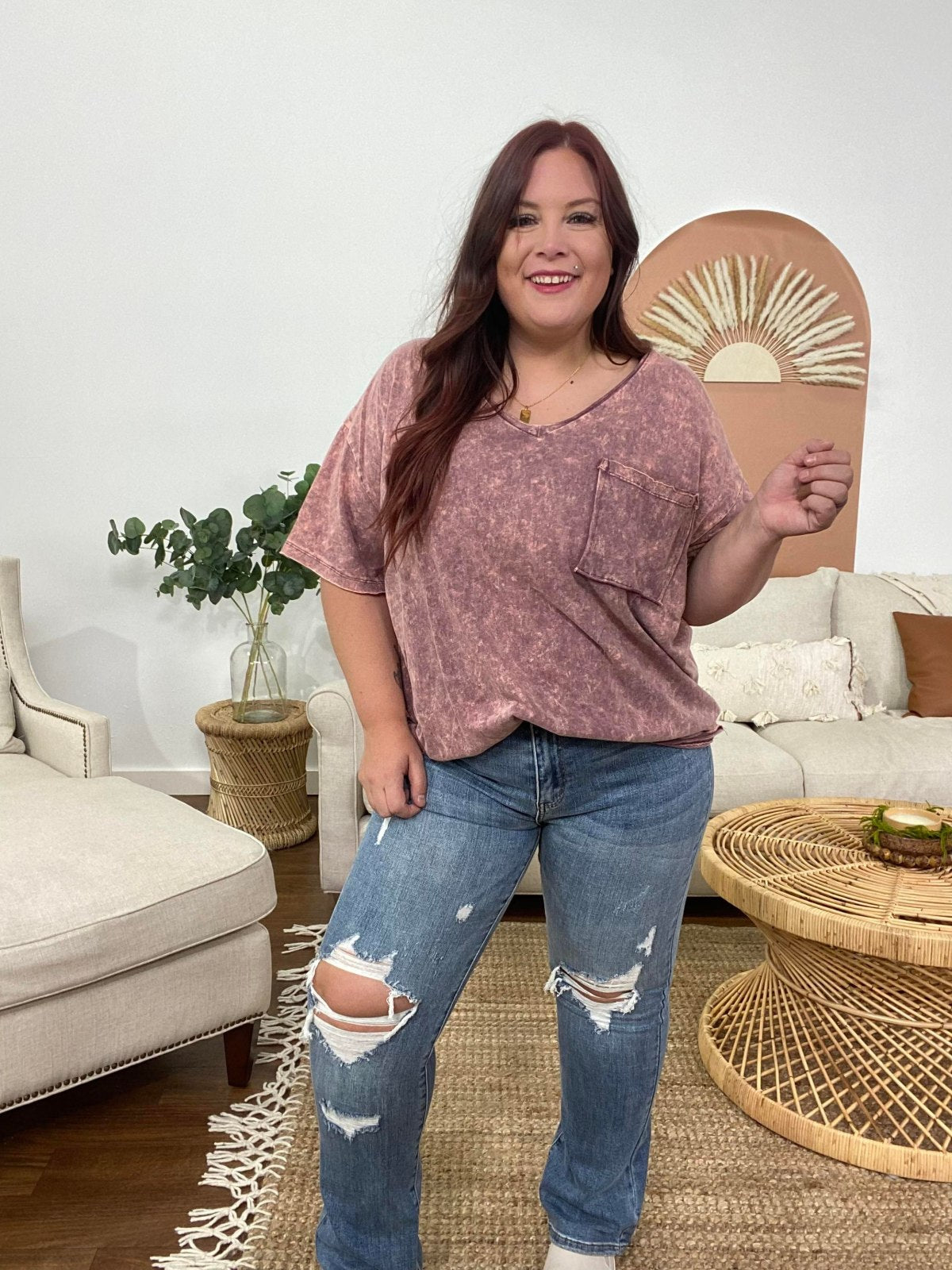 Zenana Acid Wash Oversized Front Pocket Raw Edge Boyfriend Tee