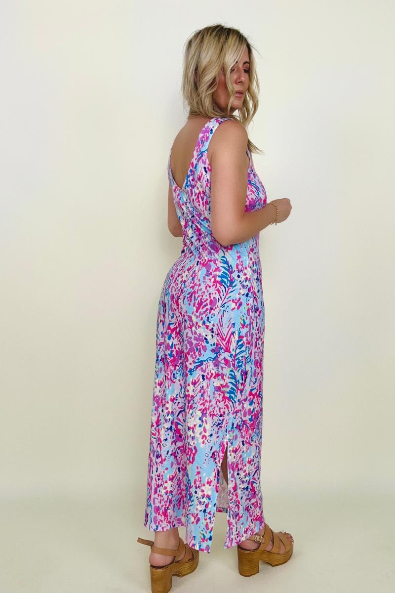 Abstract Floral Print Sleeveless Maxi Dress