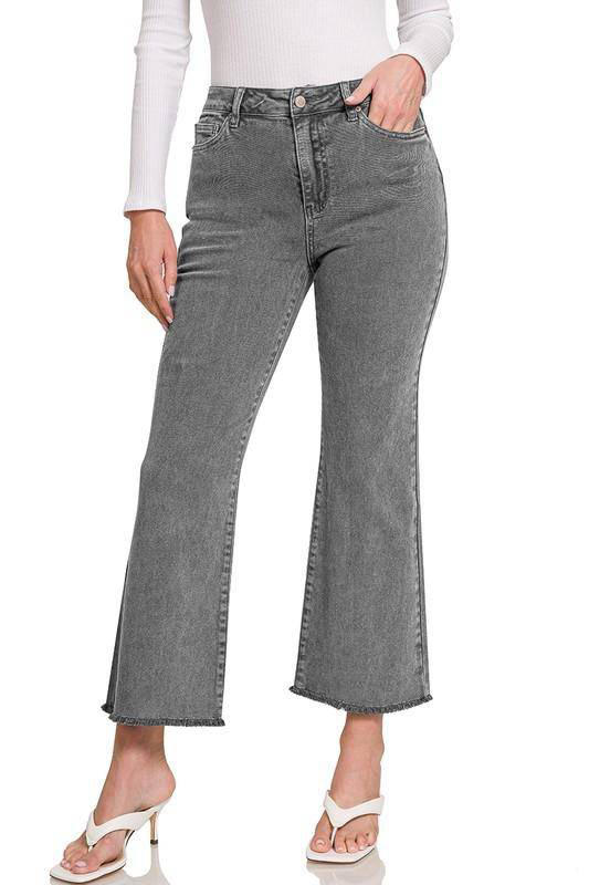 Zenana Acid Wash High Waist Frayed Hem Cropped Jeans - Multiple Colors