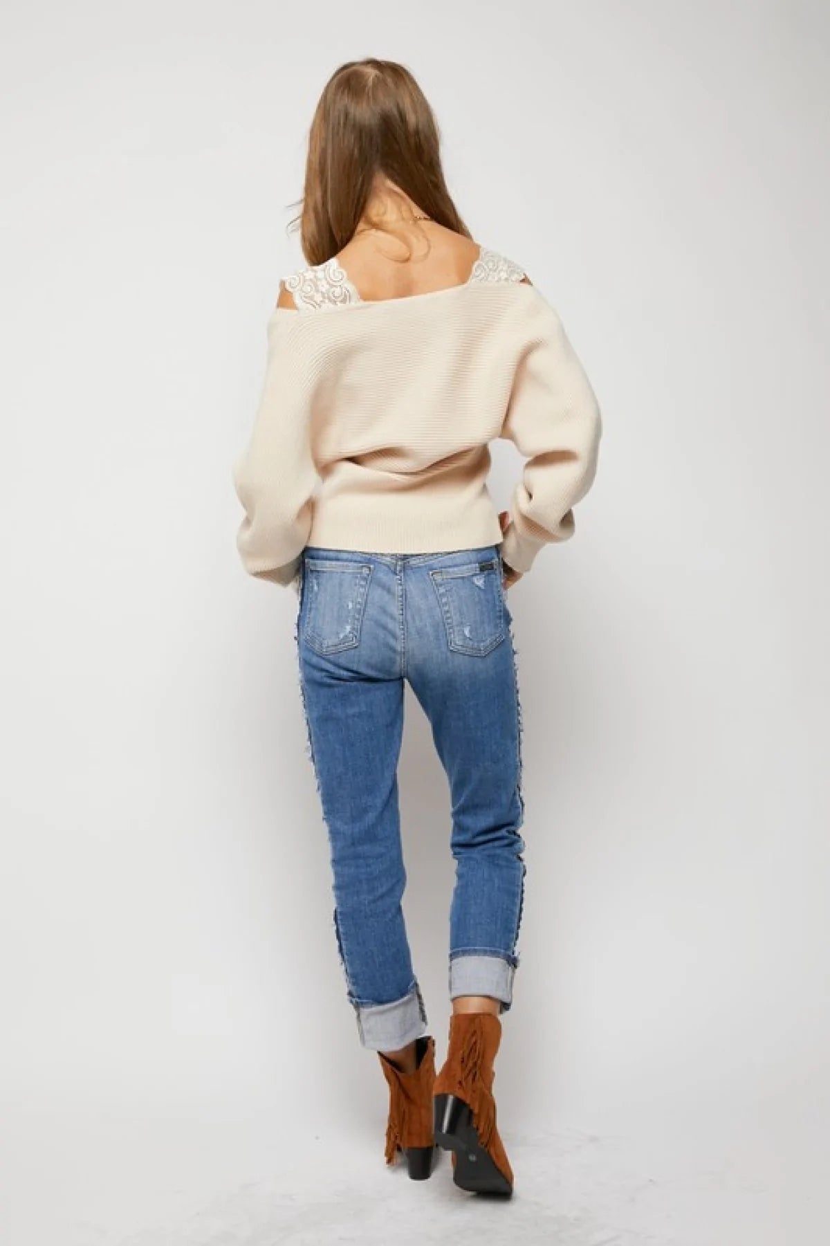 Davi & Dani Lace Strap Batwing Sleeve Drop Shoulder Sweater Top