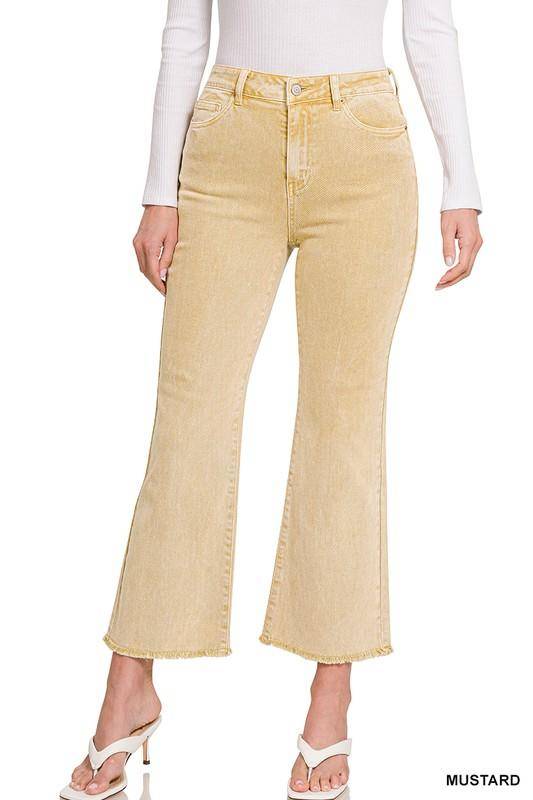 Zenana Acid Wash High Waist Frayed Hem Cropped Jeans - Multiple Colors