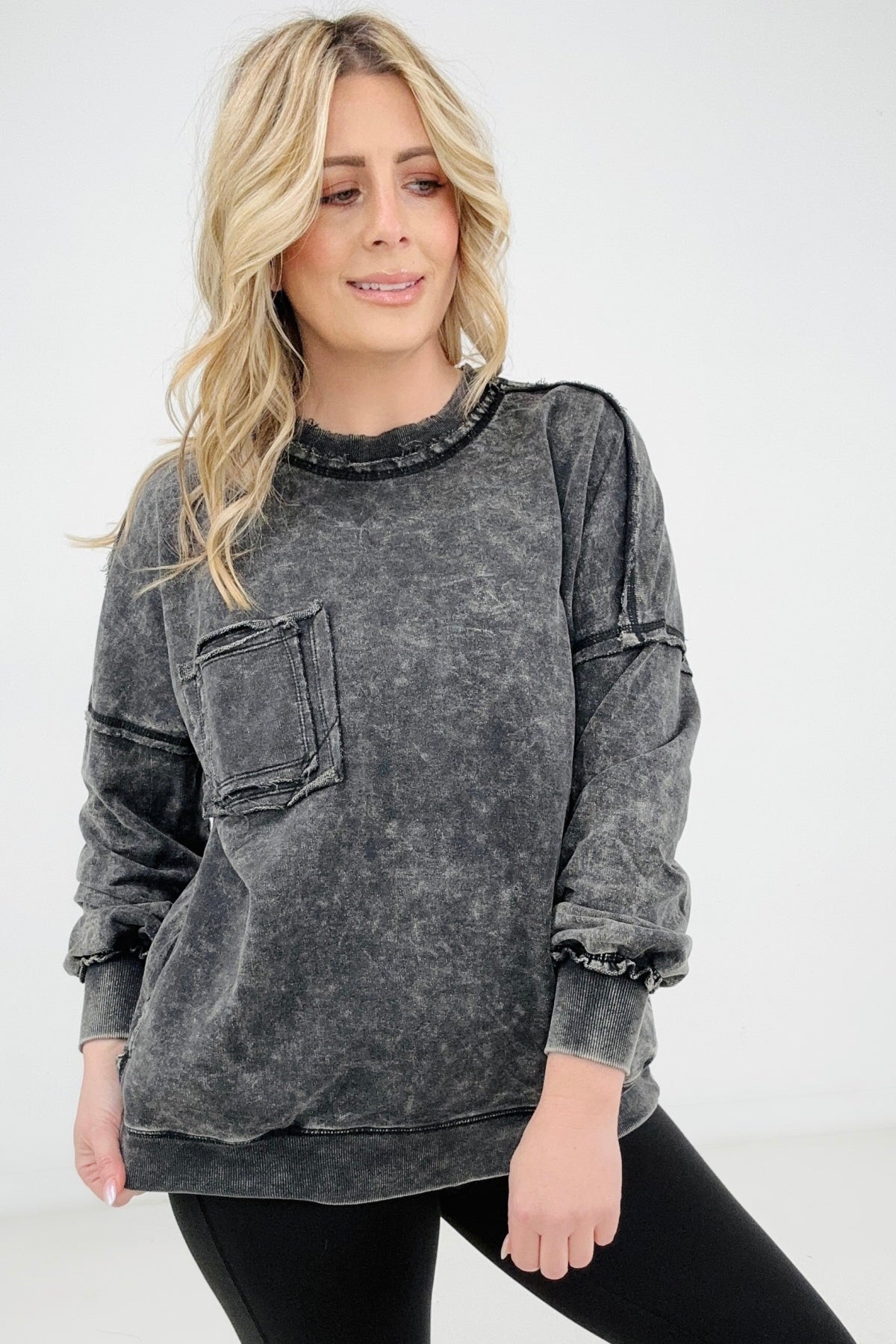 Acid Wash Raw Edge Front Pocket Pullover