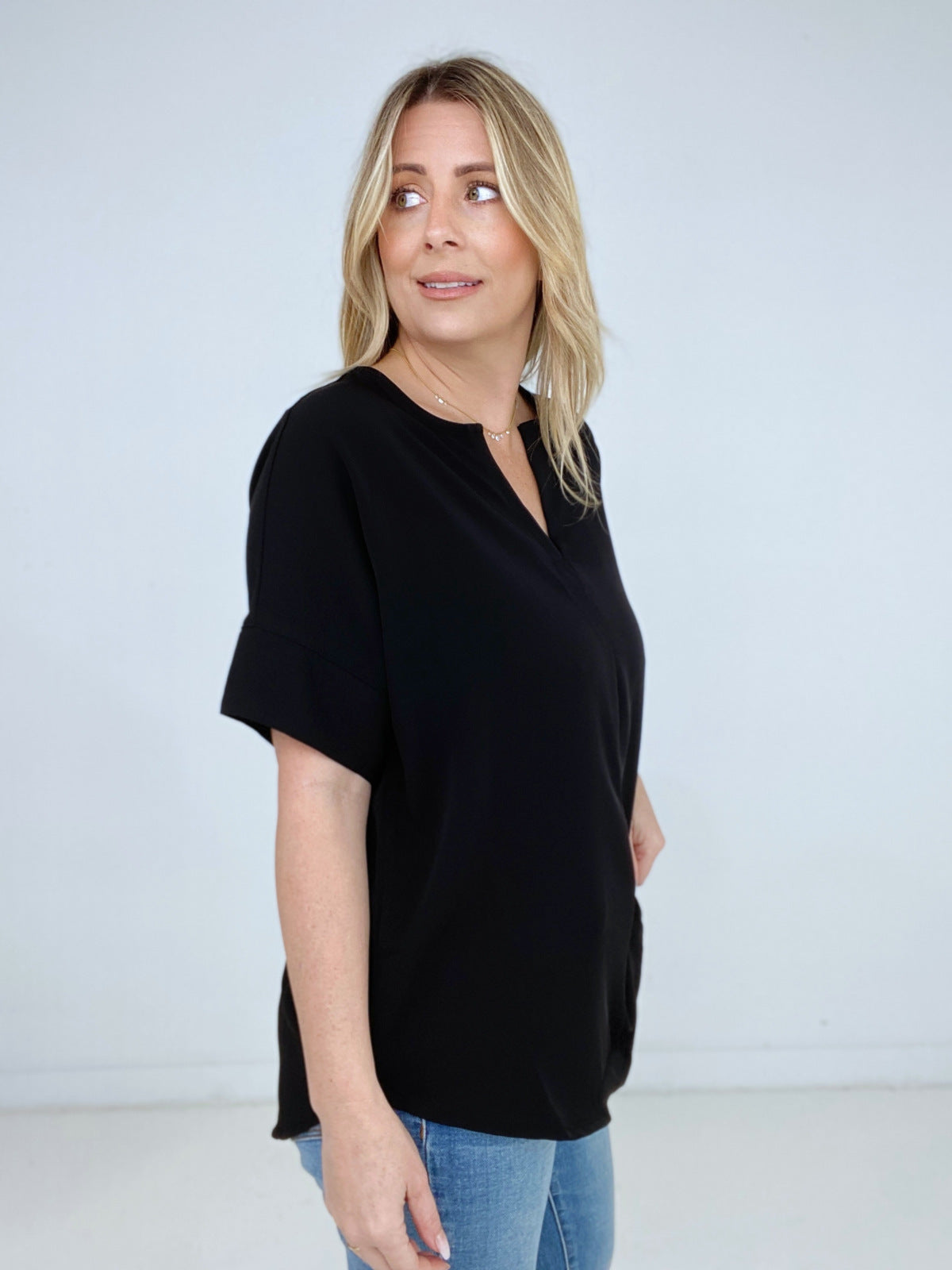 Zenana Heavy Woven Span Split Neck Short Sleeve Top