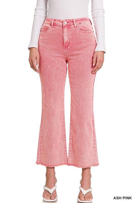 Zenana Acid Wash High Waist Frayed Hem Cropped Jeans - Multiple Colors