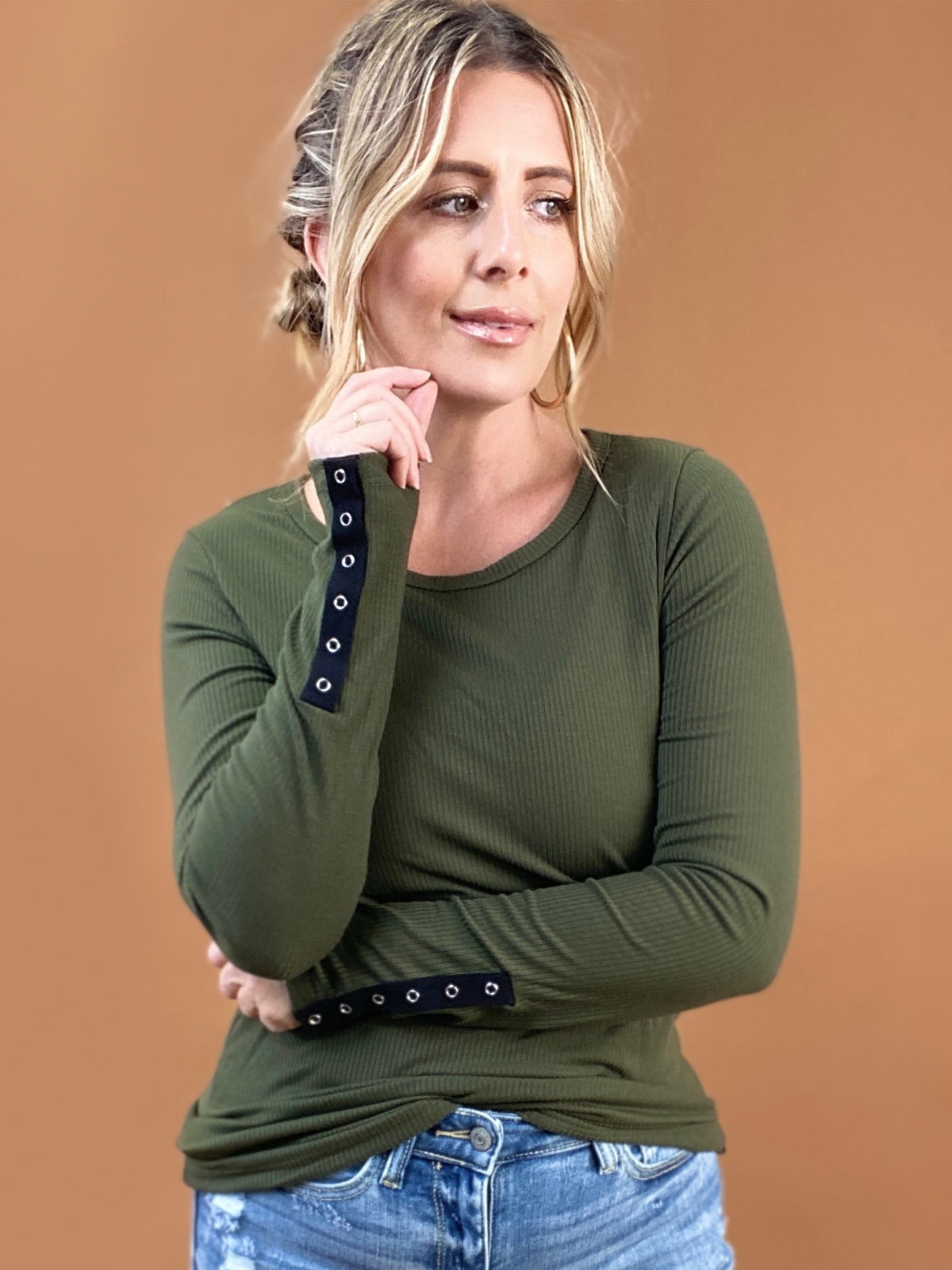 Boat Neck Long Sleeve Solid Ribbed Knit Top