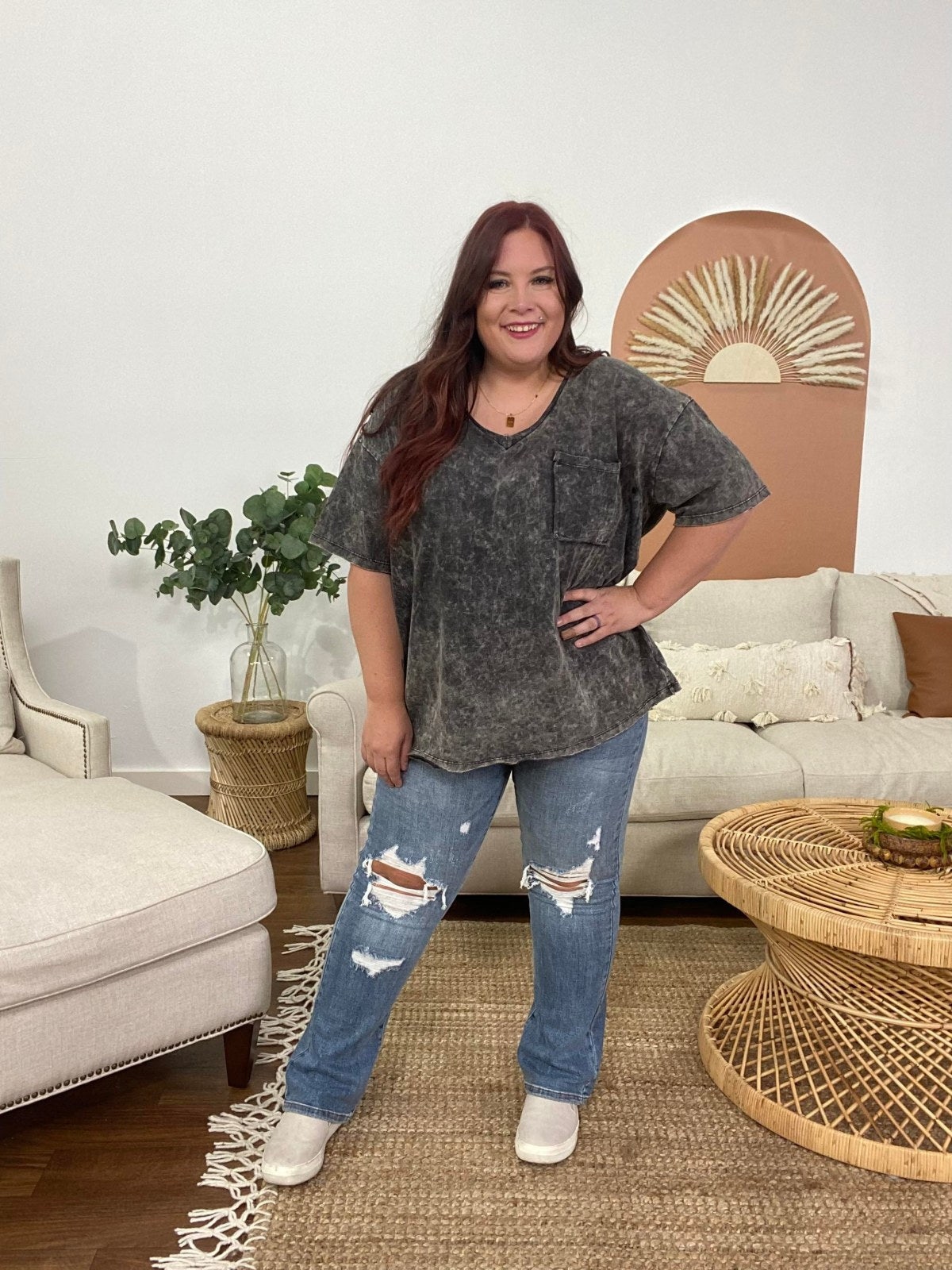 Zenana Acid Wash Oversized Front Pocket Raw Edge Boyfriend Tee