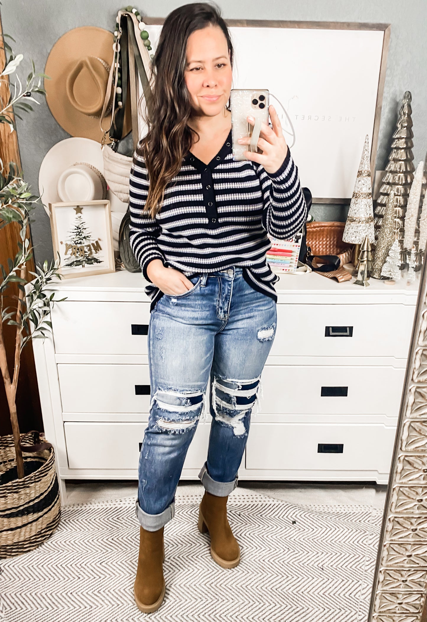 Stripe V Neck Button Down Sweater