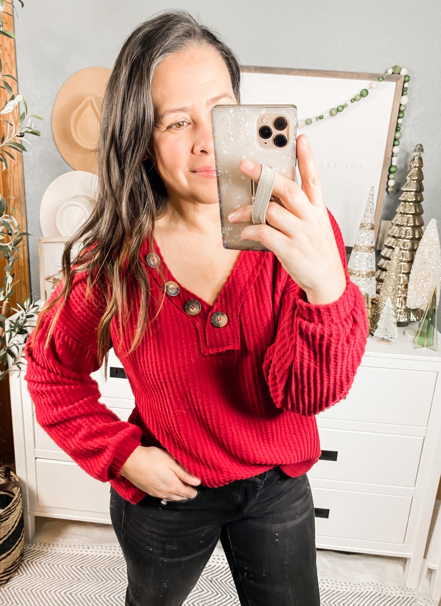 Long Sleeve Waffle Knit Top In Eggplant