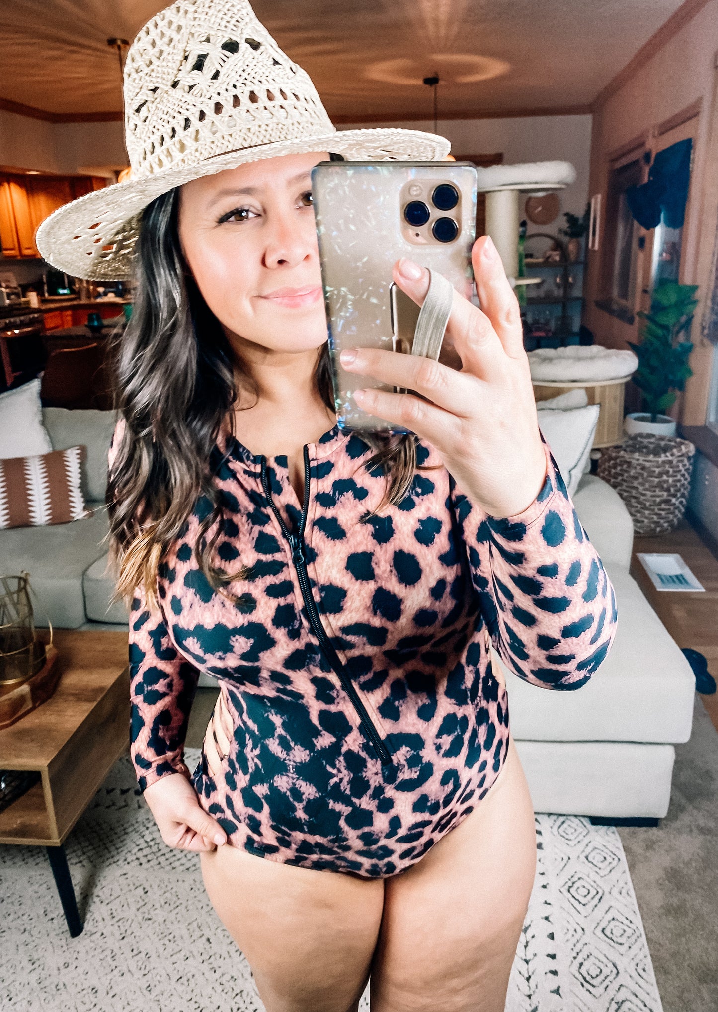 Montego Animal Print Zip Up Long Sleeve Swimsuit