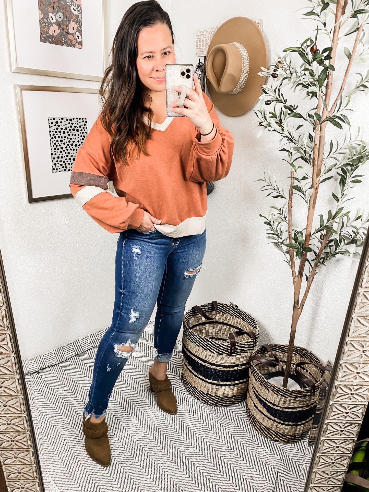 Back In Action Retro V-Neck Sweatshirt Top In Rust