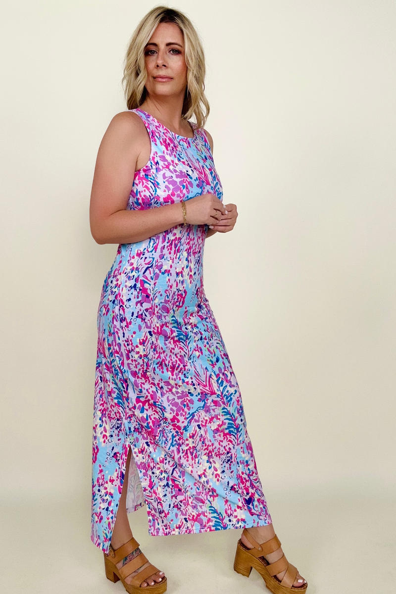 Abstract Floral Print Sleeveless Maxi Dress