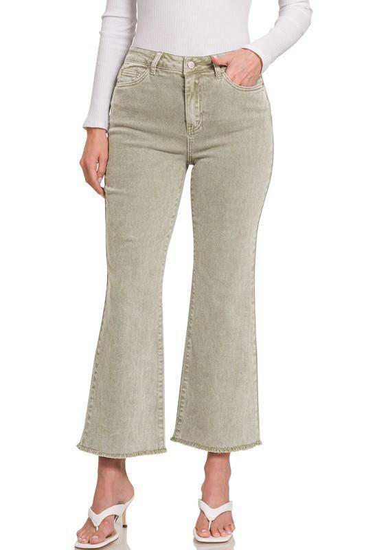 Zenana Acid Wash High Waist Frayed Hem Cropped Jeans - Multiple Colors