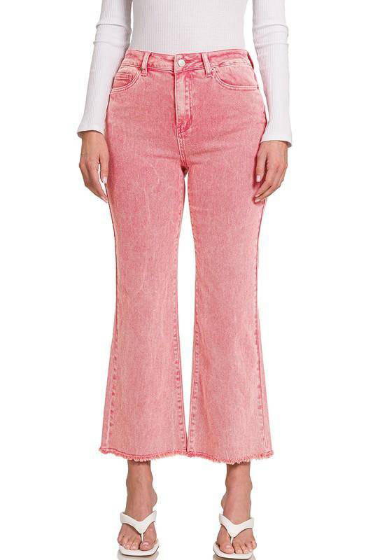 Zenana Acid Wash High Waist Frayed Hem Cropped Jeans - Multiple Colors