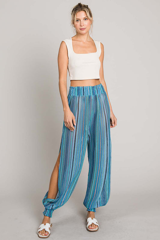 Striped Smocked Cover Up Pants - Aqua