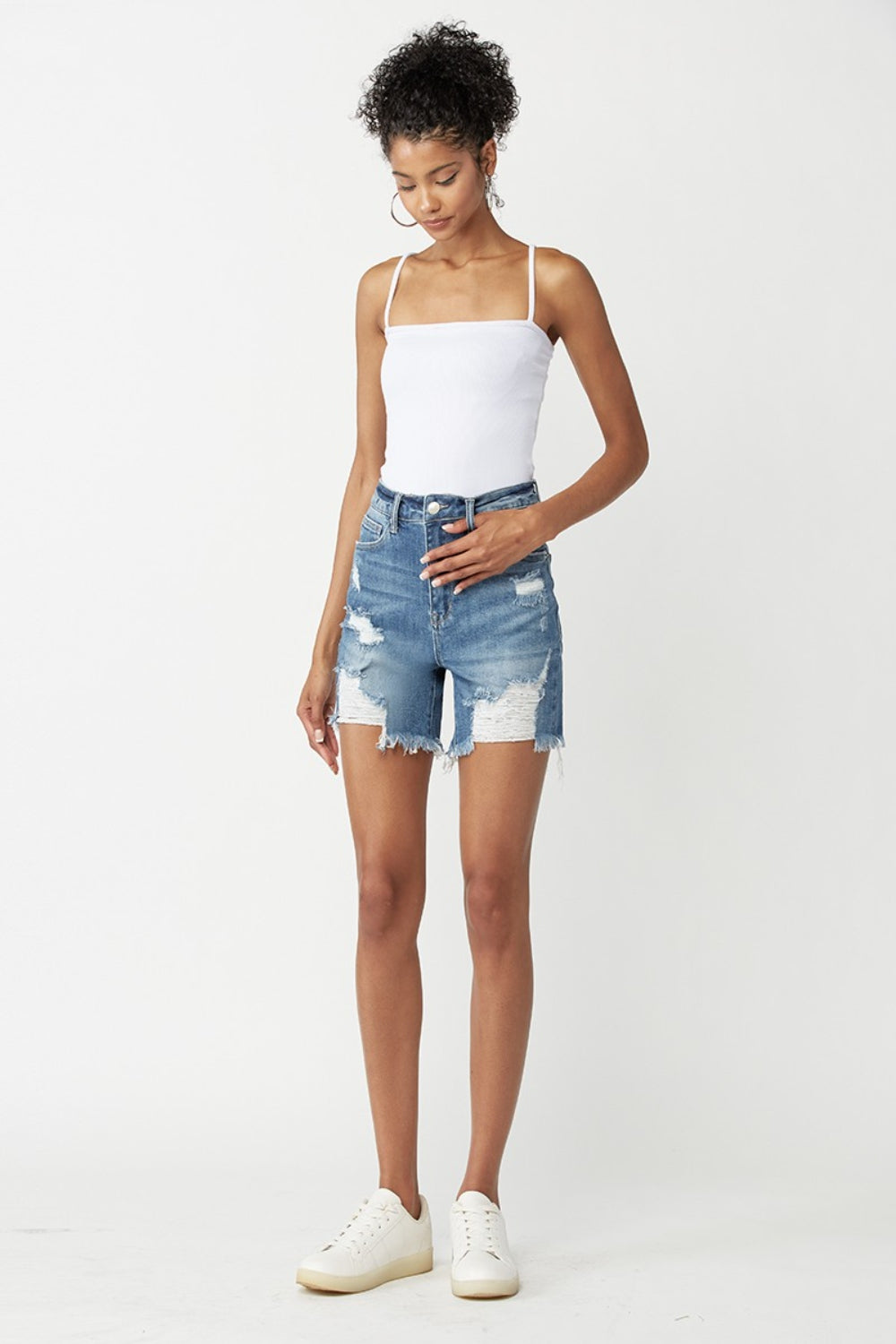 RISEN Mid Thigh Distressed Denim Shorts