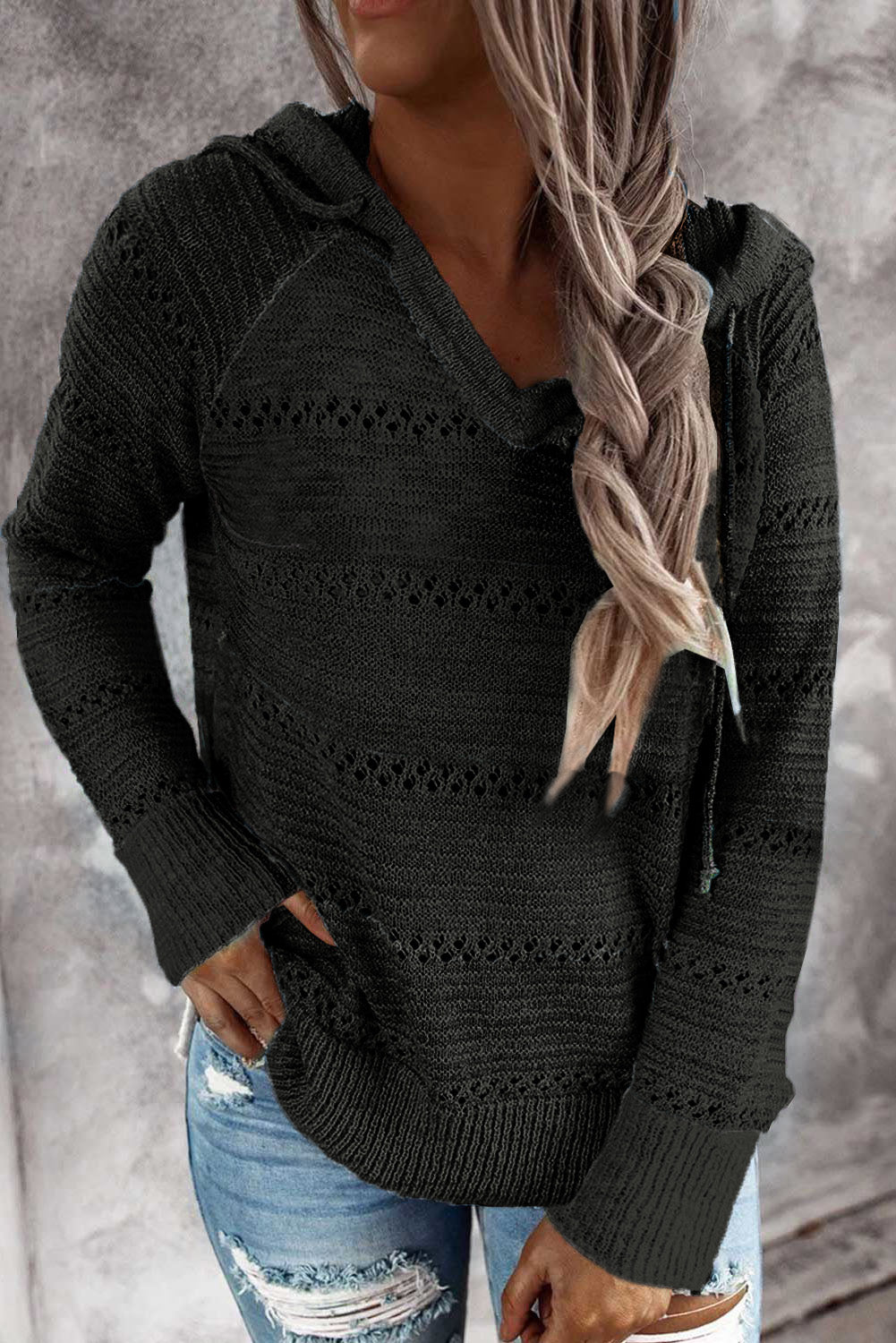 Color Block Knitted Hoodie - Multiple Colors Available