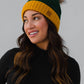 Green & Gold Trim Cable Knit Pom Hat