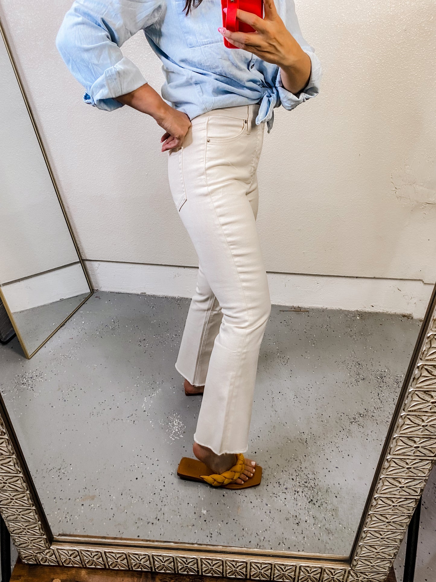 RFM Tummy Control High Waist Cropped Boot Cut Jeans - Off White