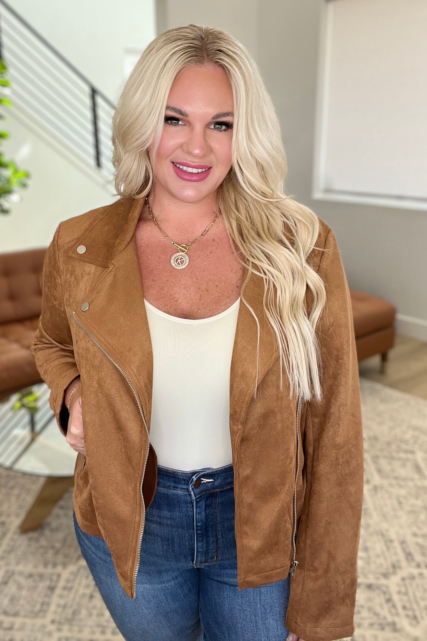 Clara Faux Suede Moto Jacket in Camel